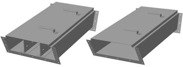 Короб угловой плоский одноканальный, трёхканальный для вертикального поворота вниз типа ККБ-УНП; ККБ-3УНП